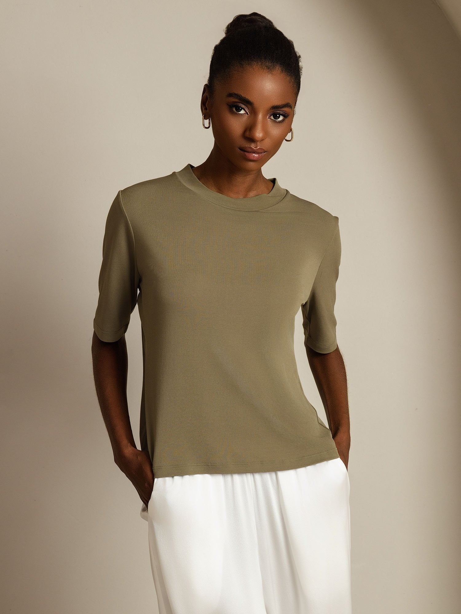 [Burnt Olive] SilkSilky  Pure Silk Round Neck Women's T-Shirt 003