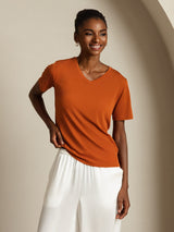 [Orange] SilkSilky  Short Sleeve V Neck Women's T-Shirt 007