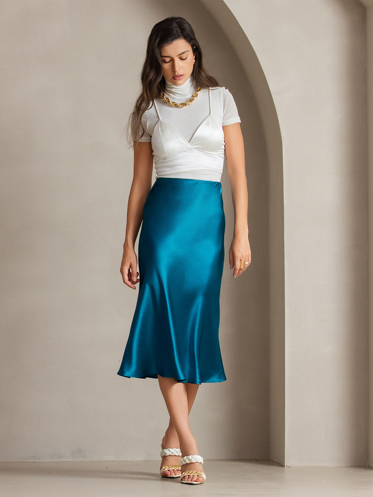 [Teal] SilkSilky  19Momme Pure Silk Skirt 005