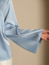 [Grayish Blue] SilkSilky  19Momme Stretch Silk Charmeuse Long Sleeve Boat Neck Blouse 005