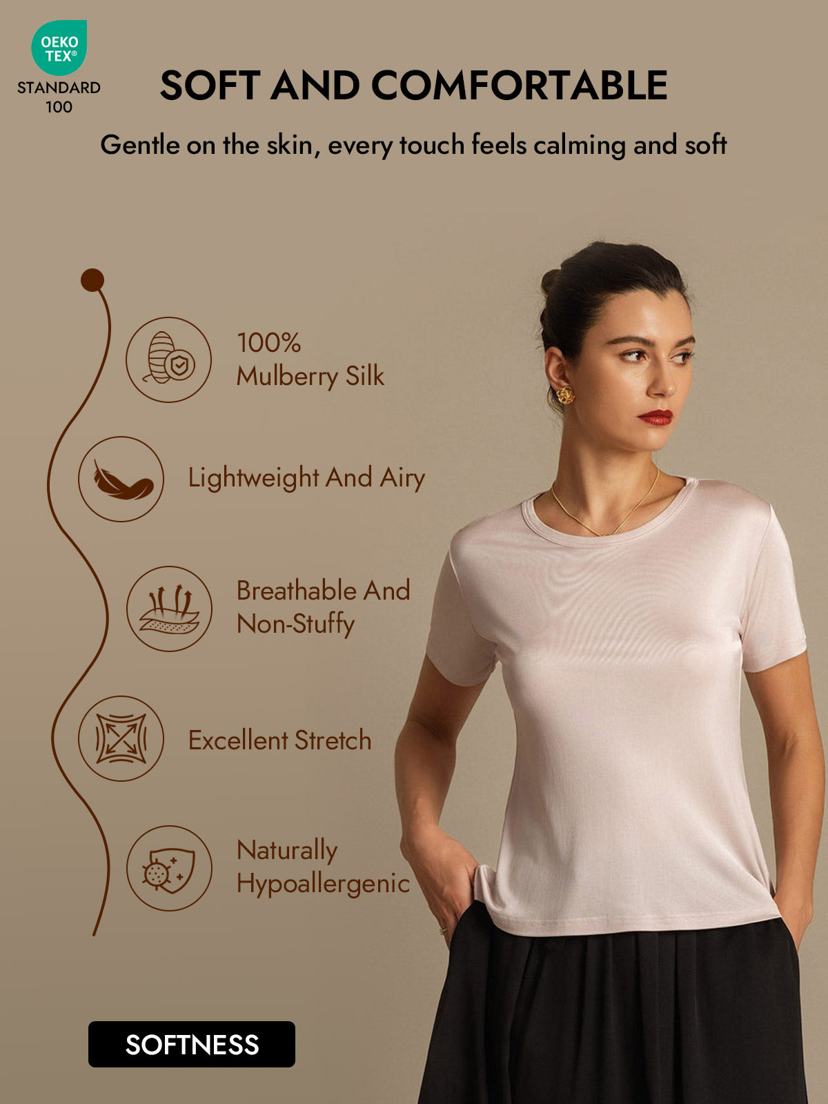 [Light Pink] SilkSilky  Silk Knitted Short Sleeve Round Neck Women's T-Shirt 004