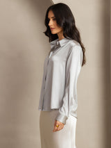 [Light Gray] SilkSilky  19Momme Stretch Silk Charmeuse Long Sleeve Lapel Collar Women's Shirt 003
