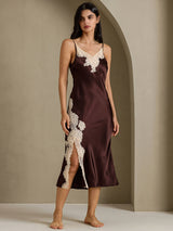 [Coffee] SilkSilky  Spaghetti Strap V Neck Nightgown 001