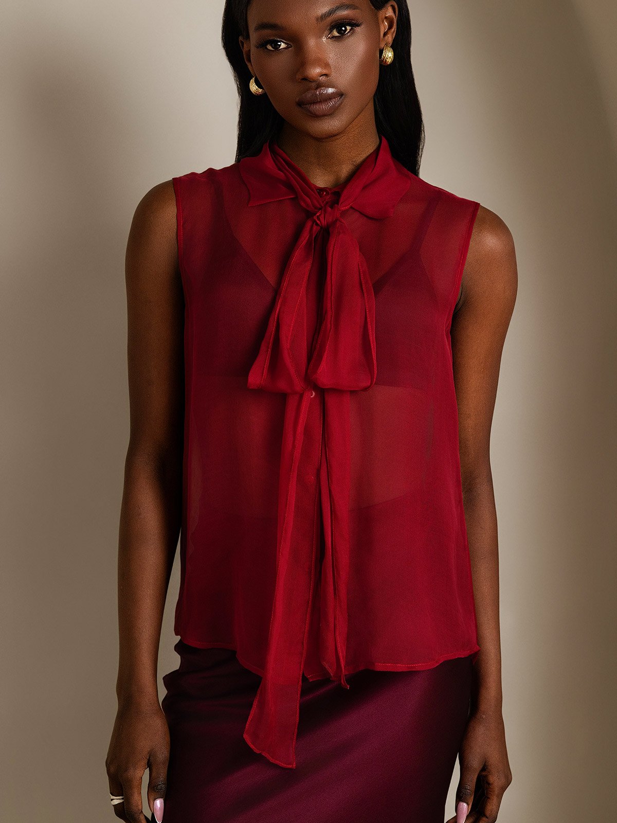 SilkSilky Pure Silk Sleeveless Tie Neck Women's Shirt Wine 003