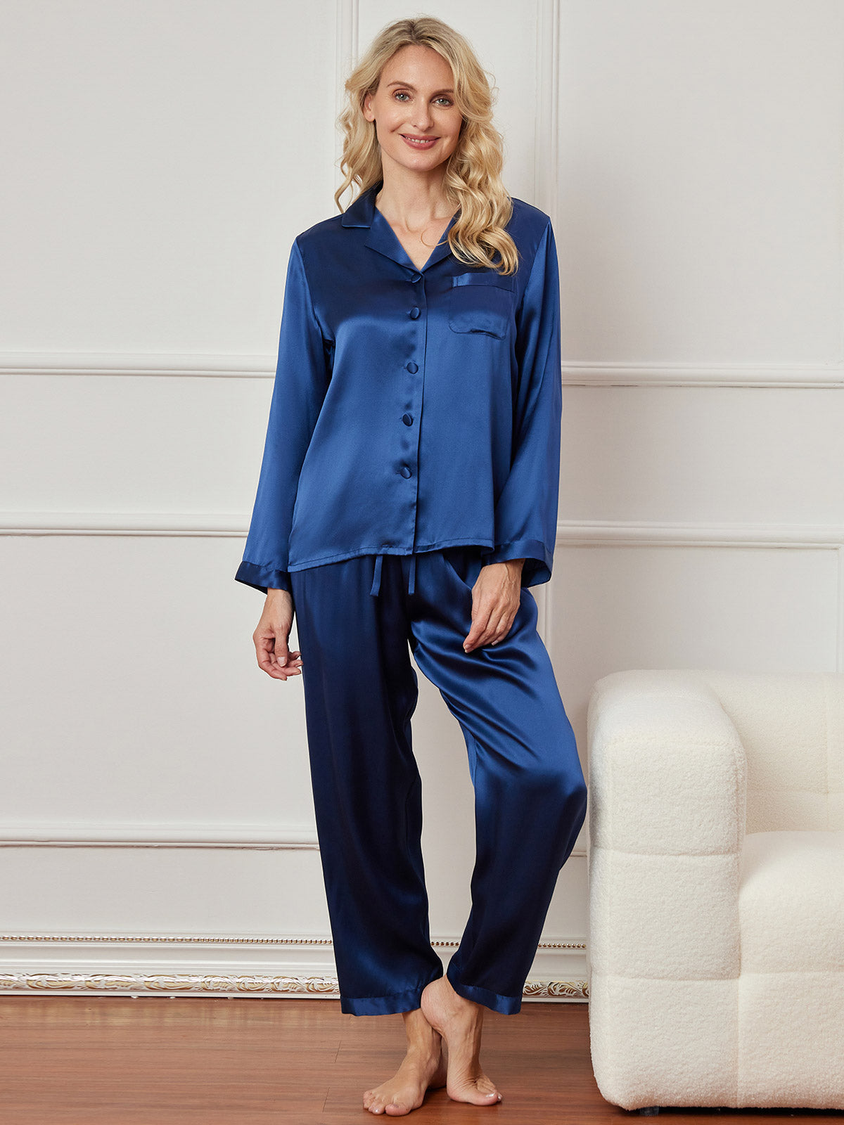 SilkSilky US Pure Silk Long Sleeve Lapel Women's Pajamas DarkBlue 001