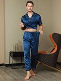 SilkSilky US 19Momme Pure Silk Short Sleeve Lapel Men's Pajamas DarkBlue 008