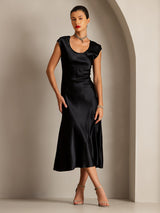 [Black] SilkSilky  19Momme Stretch Silk Charmeuse Cap Sleeve Scoop Neck Dress 005