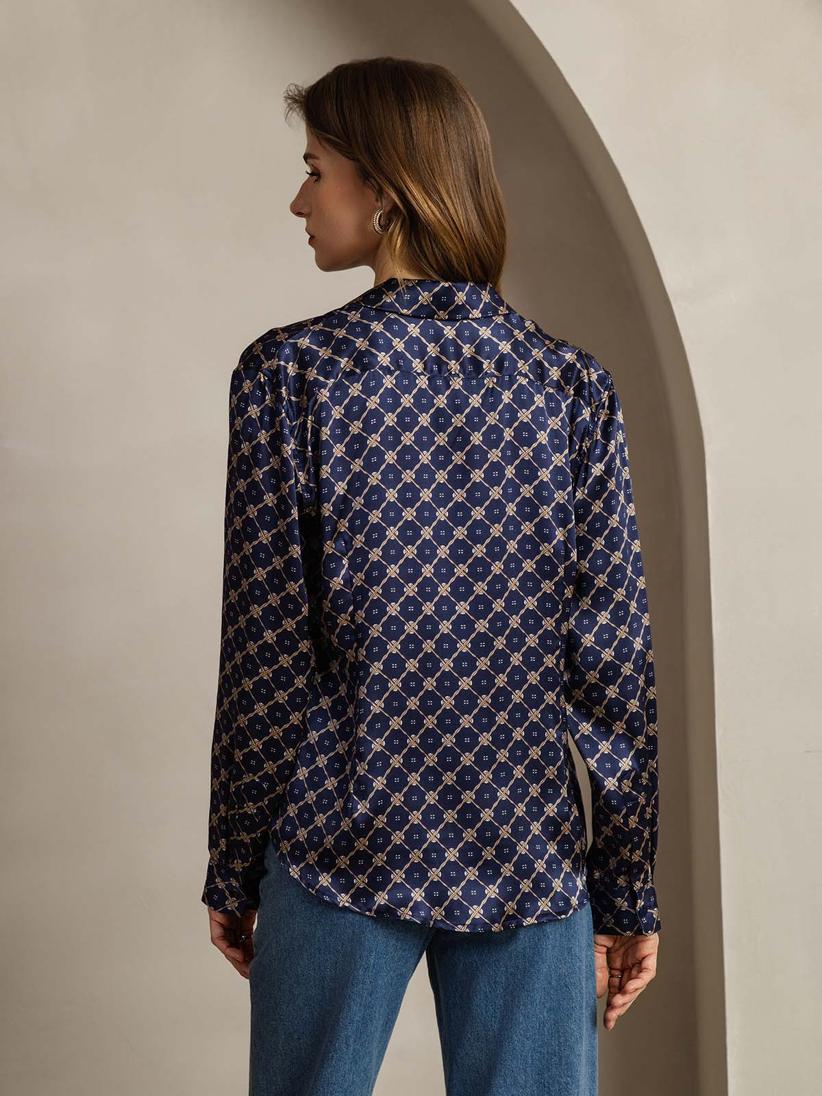 [Navy Chain] SilkSilky  Silk Long Sleeve Lapel Collar Women's Shirt 002