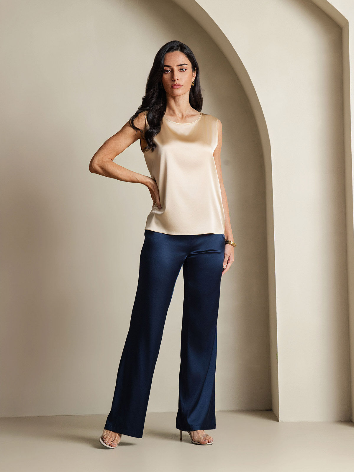 [Champagne] SilkSilky  19Momme Silk Round Neck Camisole Top 008