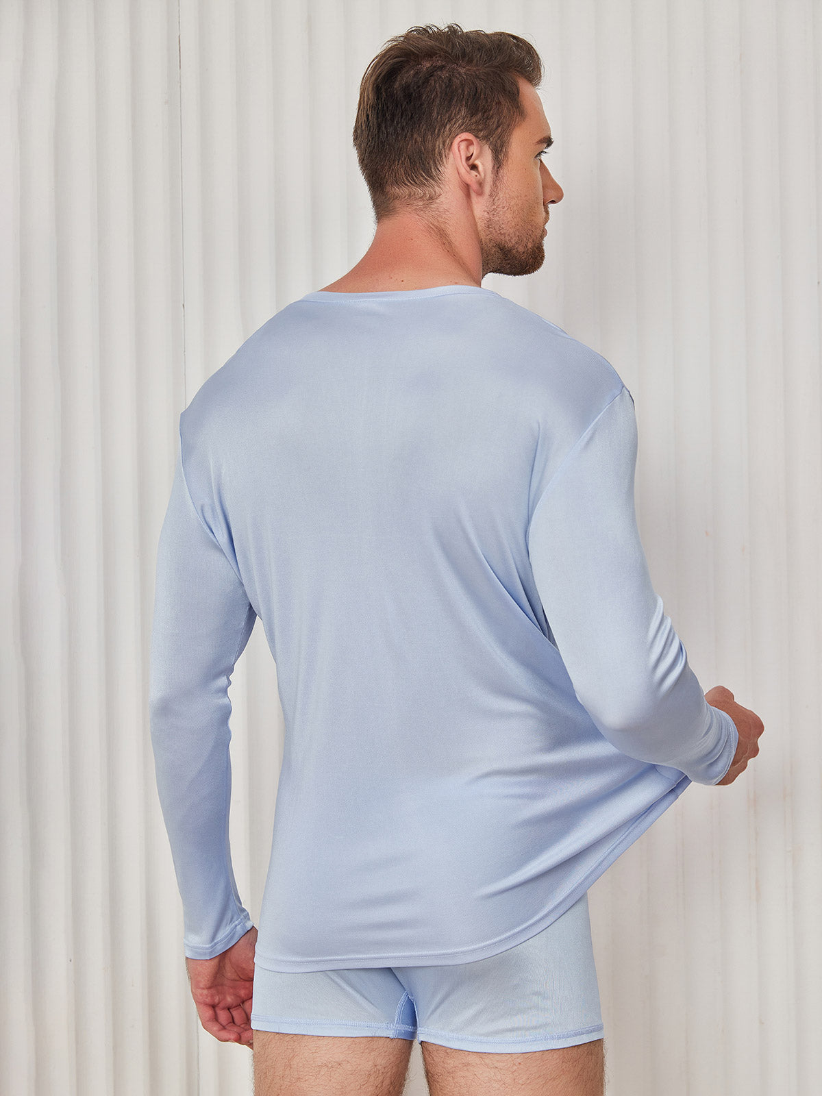 SilkSilky US Silk Knitted Long Sleeve Round Neck Men's T Shirt LightBlue 002