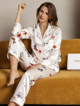 [White Butterfly] SilkSilky  Pure Silk Notch Collar Women's Pajamas 003,