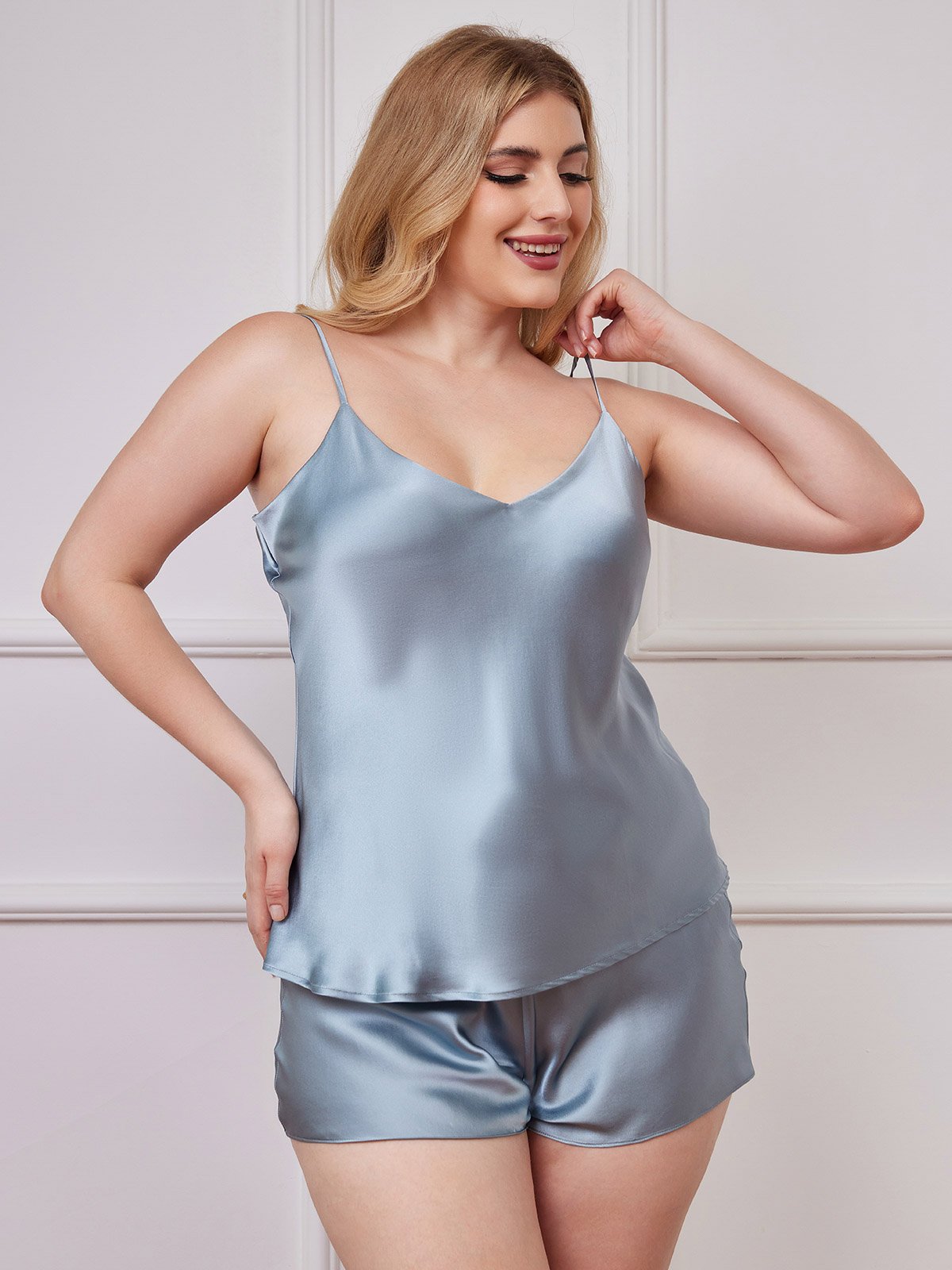 SilkSilky  Pure Silk Deep V Neck Plus Size Camisole Set GrayishBlue 005