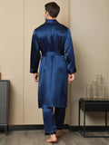 SilkSilky US Pure Silk Long Sleeve Lapel Men's Robe DarkBlue 002