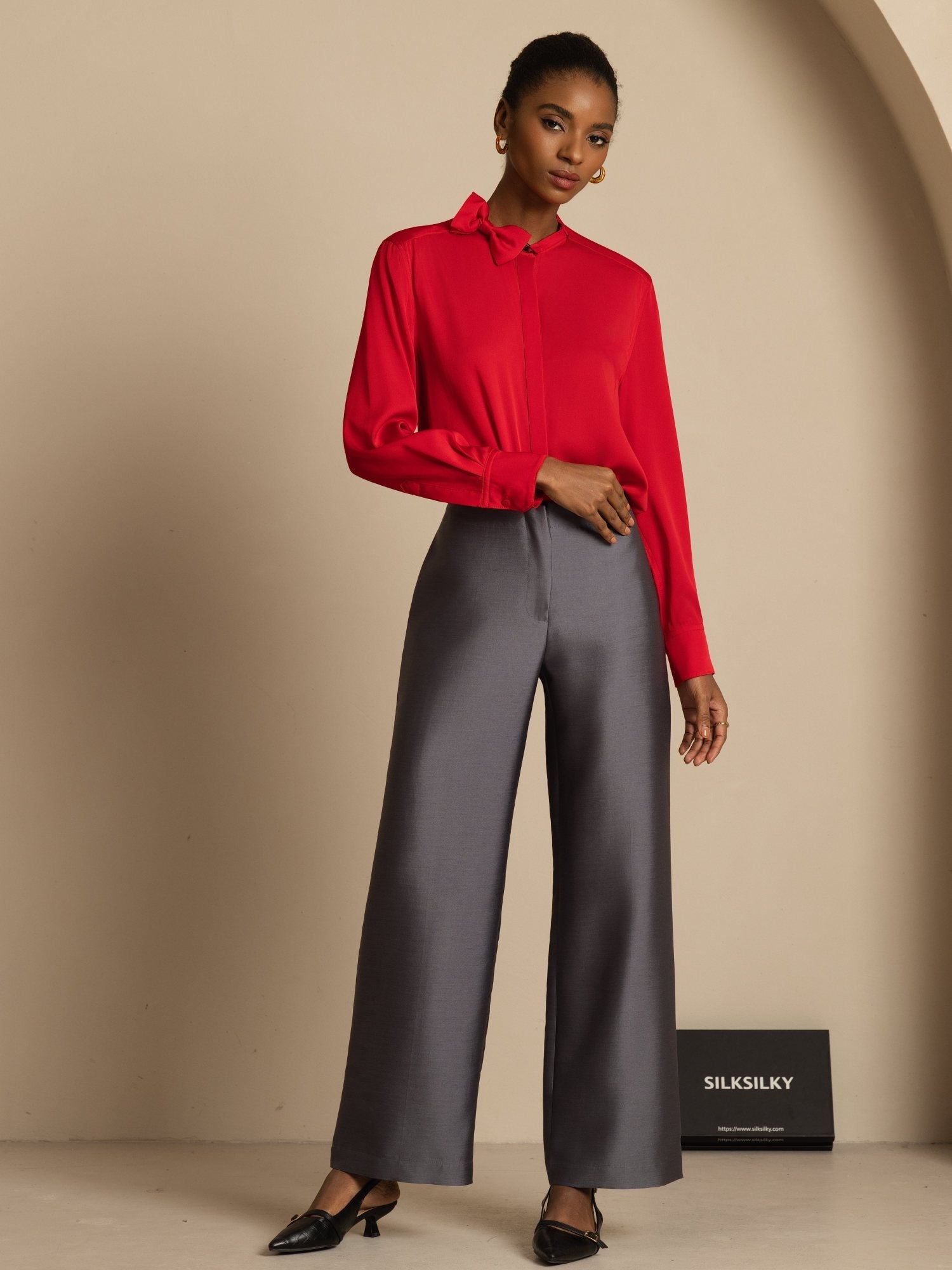 [Wine] SilkSilky 19Momme Silk Long Sleeve Collar Blouse 008