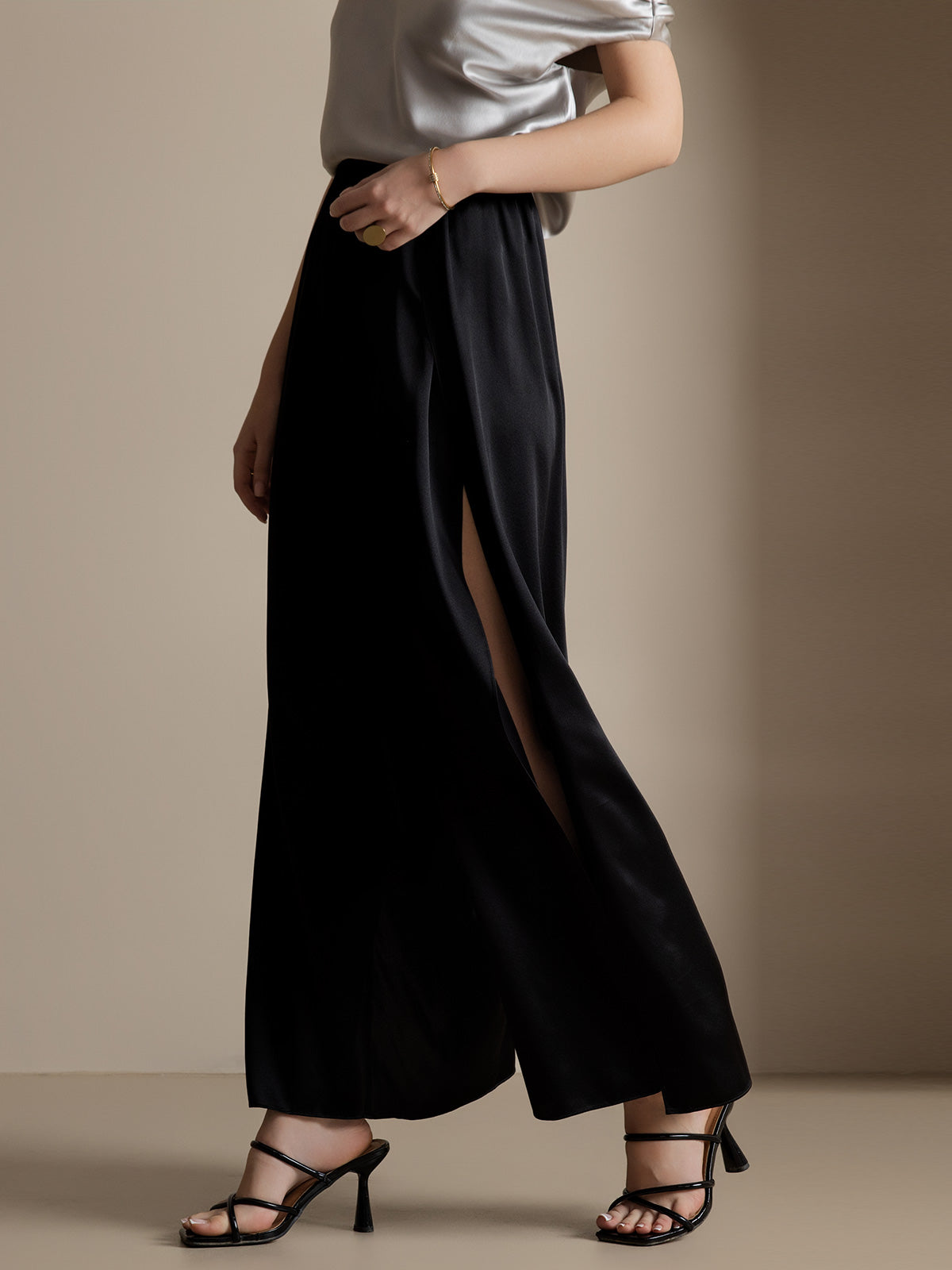 [Black] SilkSilky  19Momme Silk Split Women's Pants 005