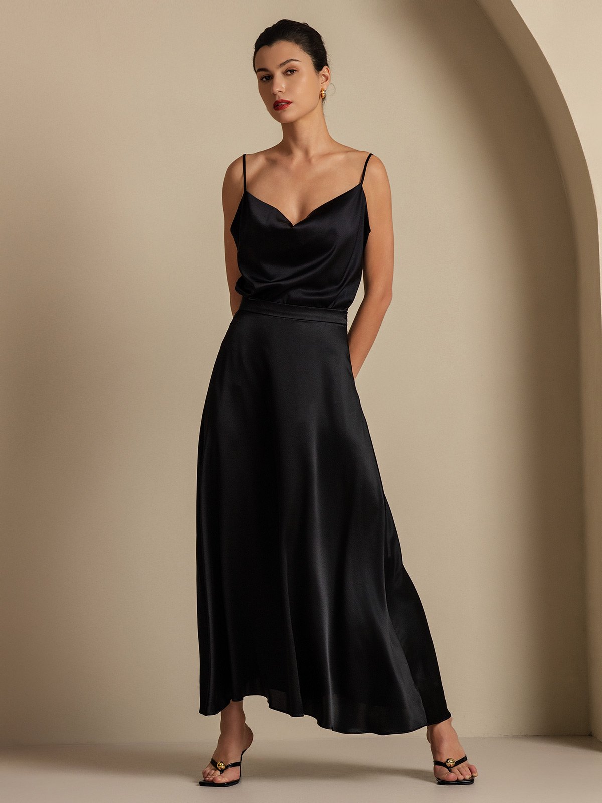 [Black] SilkSilky  19Momme Silk Cowl Neck Women''s Outfit Sets 008,
