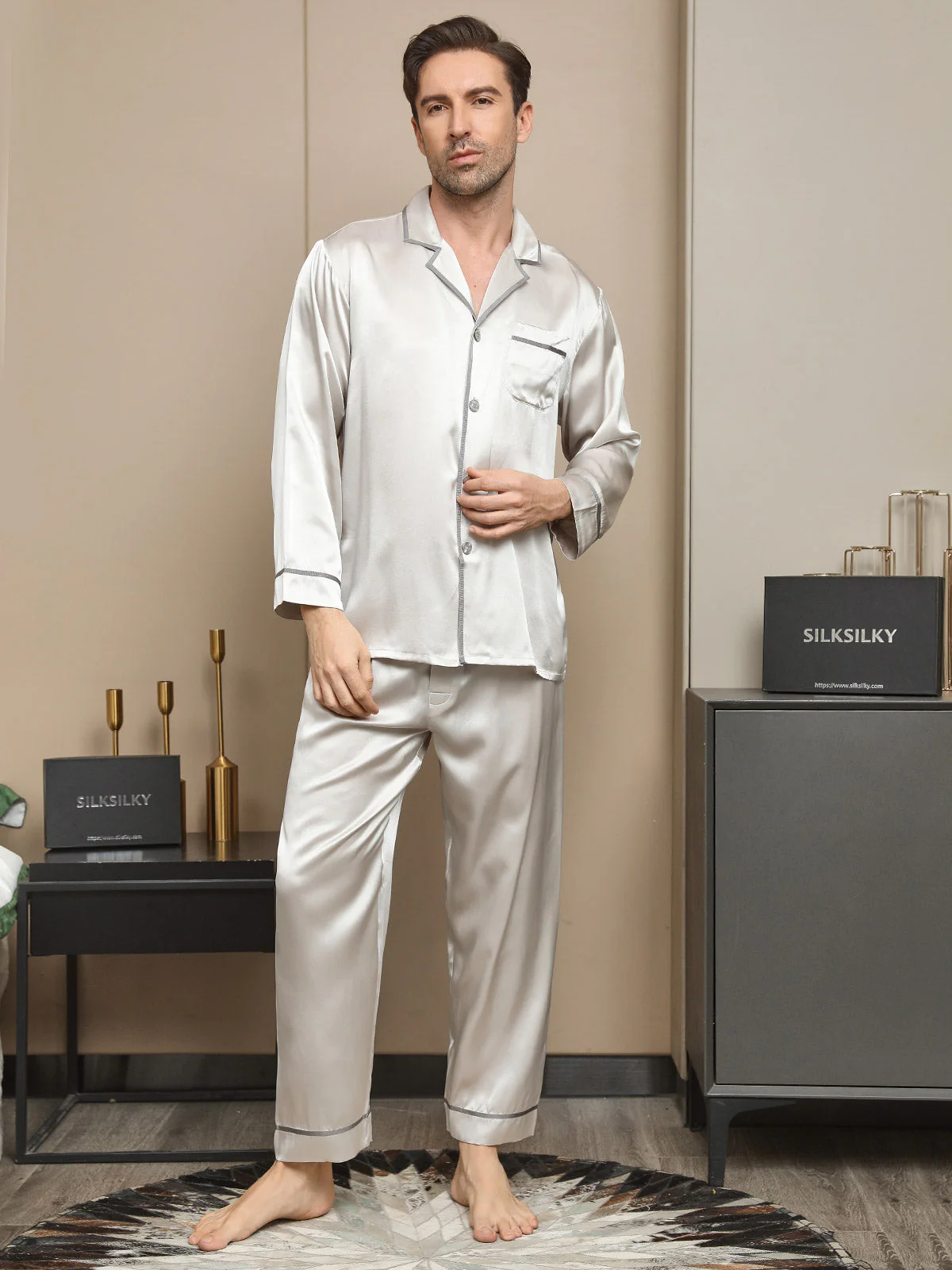 SilkSilky  19Momme Pure Silk Long Sleeve Lapel Men's Pajamas LightGray 001