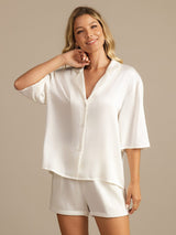 [White] SilkSilky  19Momme Machine-Washable Silk Half Sleeve Notch Collar Women's Pajamas 005