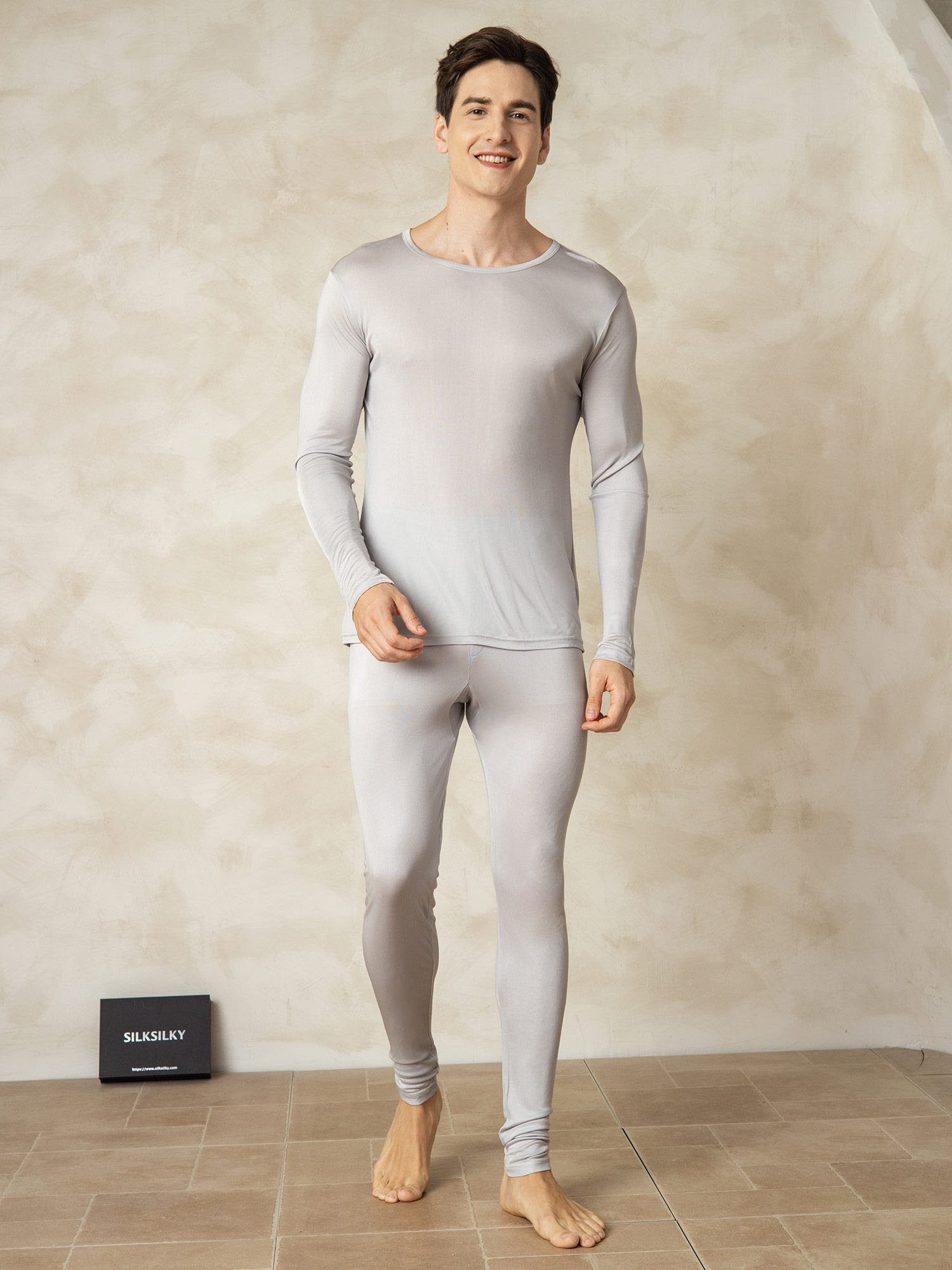 [Silver] SilkSilky Silk Round Neck Men's Pajamas 004