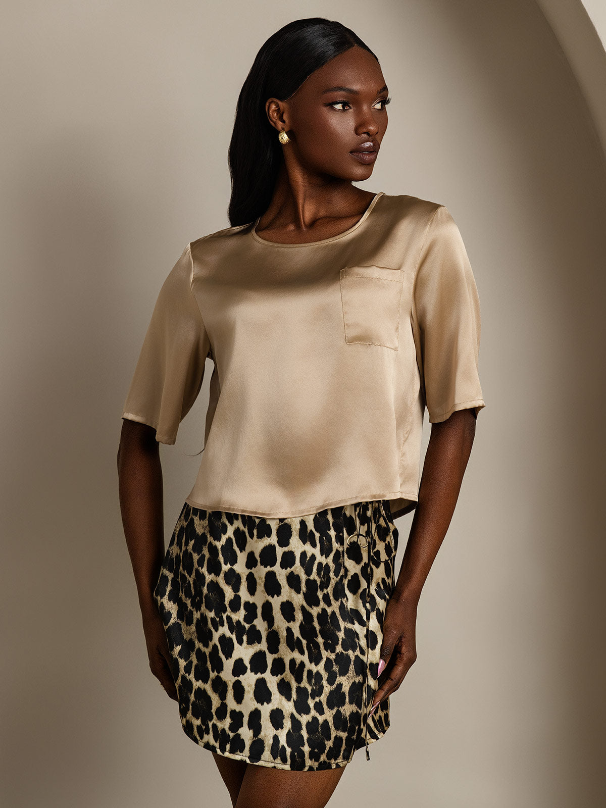 [Champagne] SilkSilky  Pure Silk Boat Neck Women's T-Shirt 001