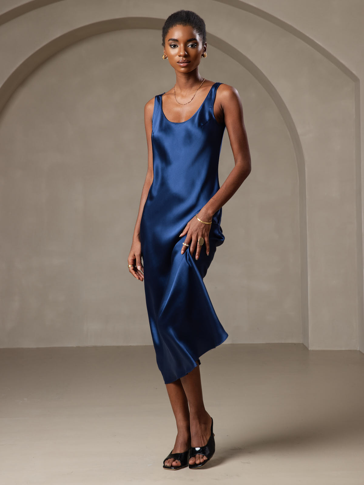 SilkSilky 100% Mulberry Silk Sleeveless U Neck Midi Long Dress, Dark Blue / S(6)