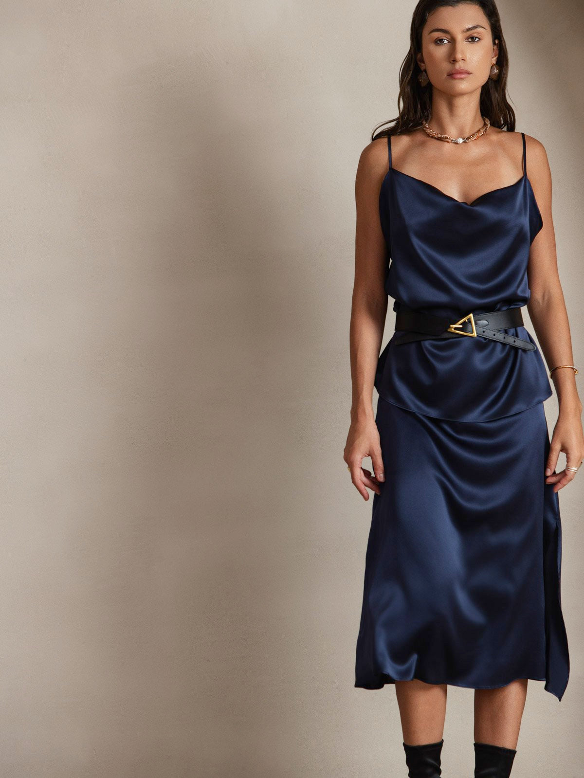 [Dark Blue] SilkSilky  19Momme Silk Cowl Neck Camisole Top 003