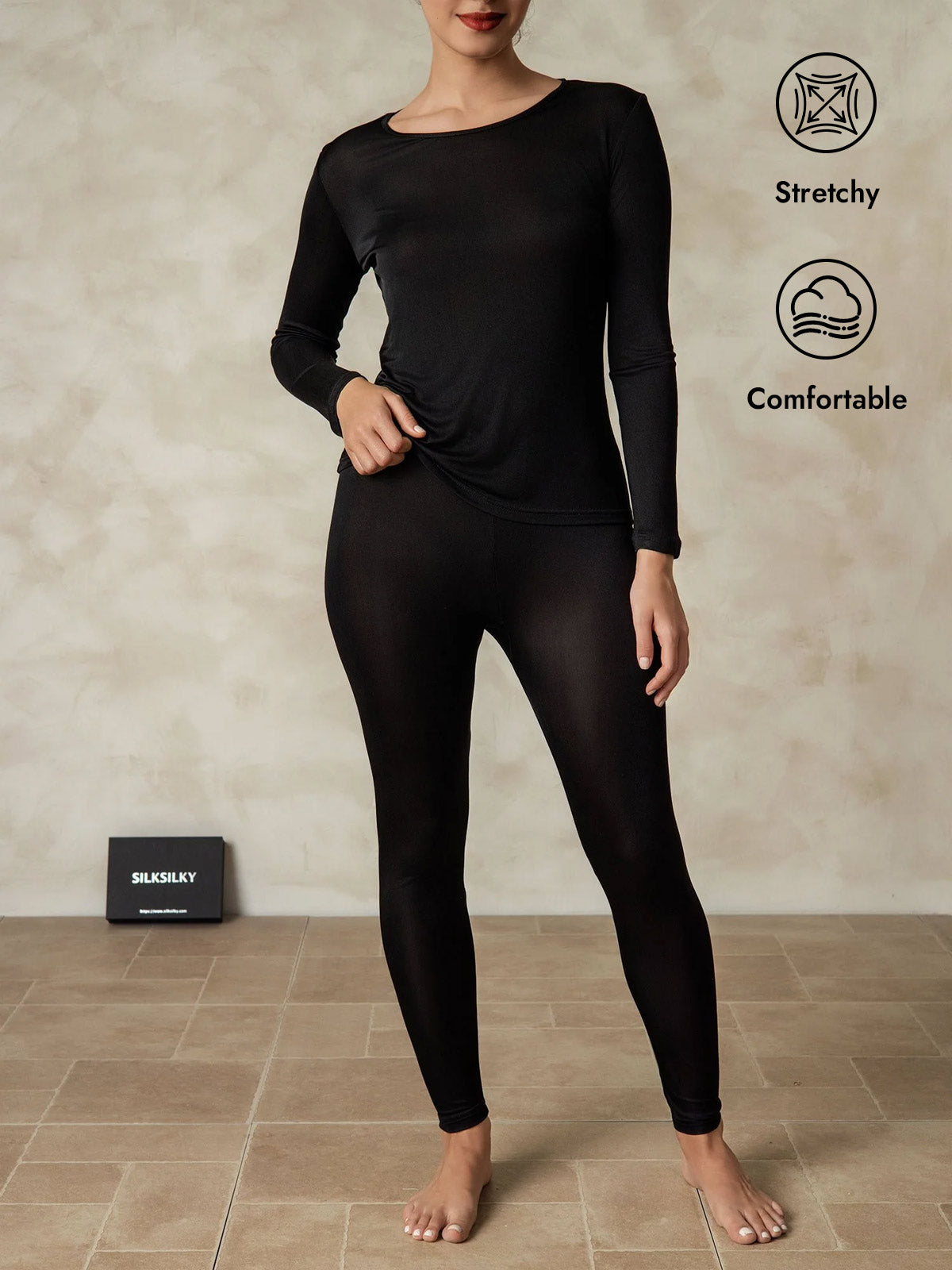[Black] SilkSilky  Silk Long Sleeve Round Neck Long Johns 001