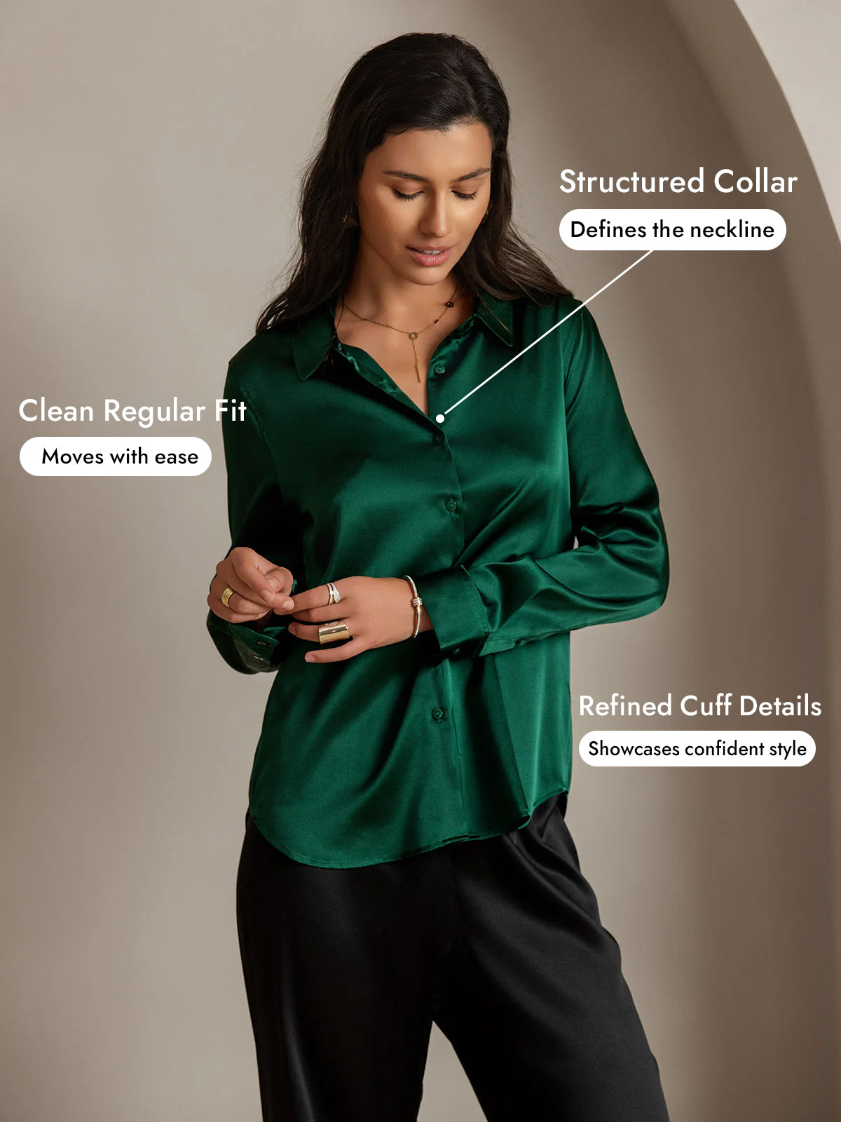 [Dark Green] SilkSilky  Silk Long Sleeve Lapel Collar Women's Shirt 005