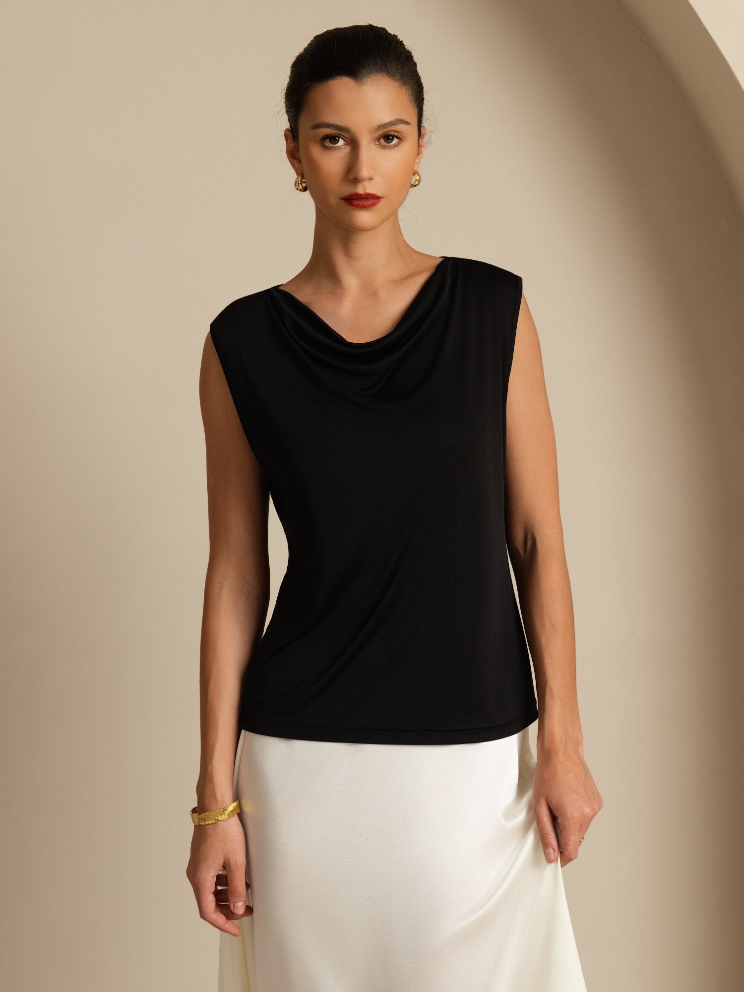 [Black] SilkSilky Silk Sleeveless Cowl Neck Women's T-Shirt 005