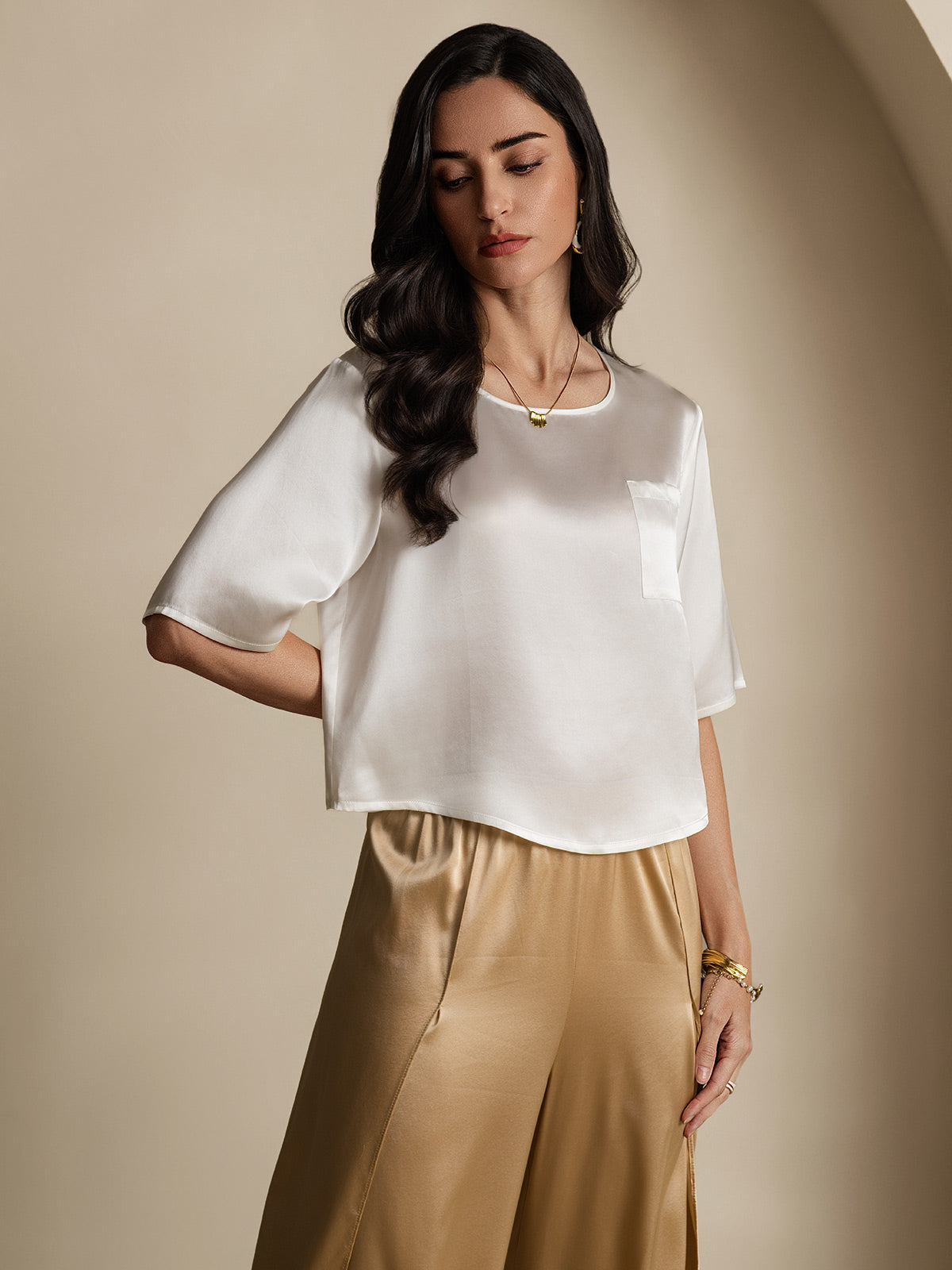 [White] SilkSilky  Pure Silk Boat Neck Women's T-Shirt 006