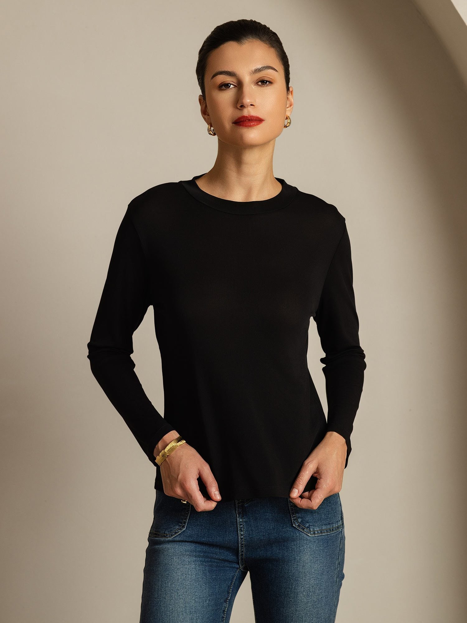 [Black] SilkSilky Pure Silk Round Neck Women's T-Shirt 007