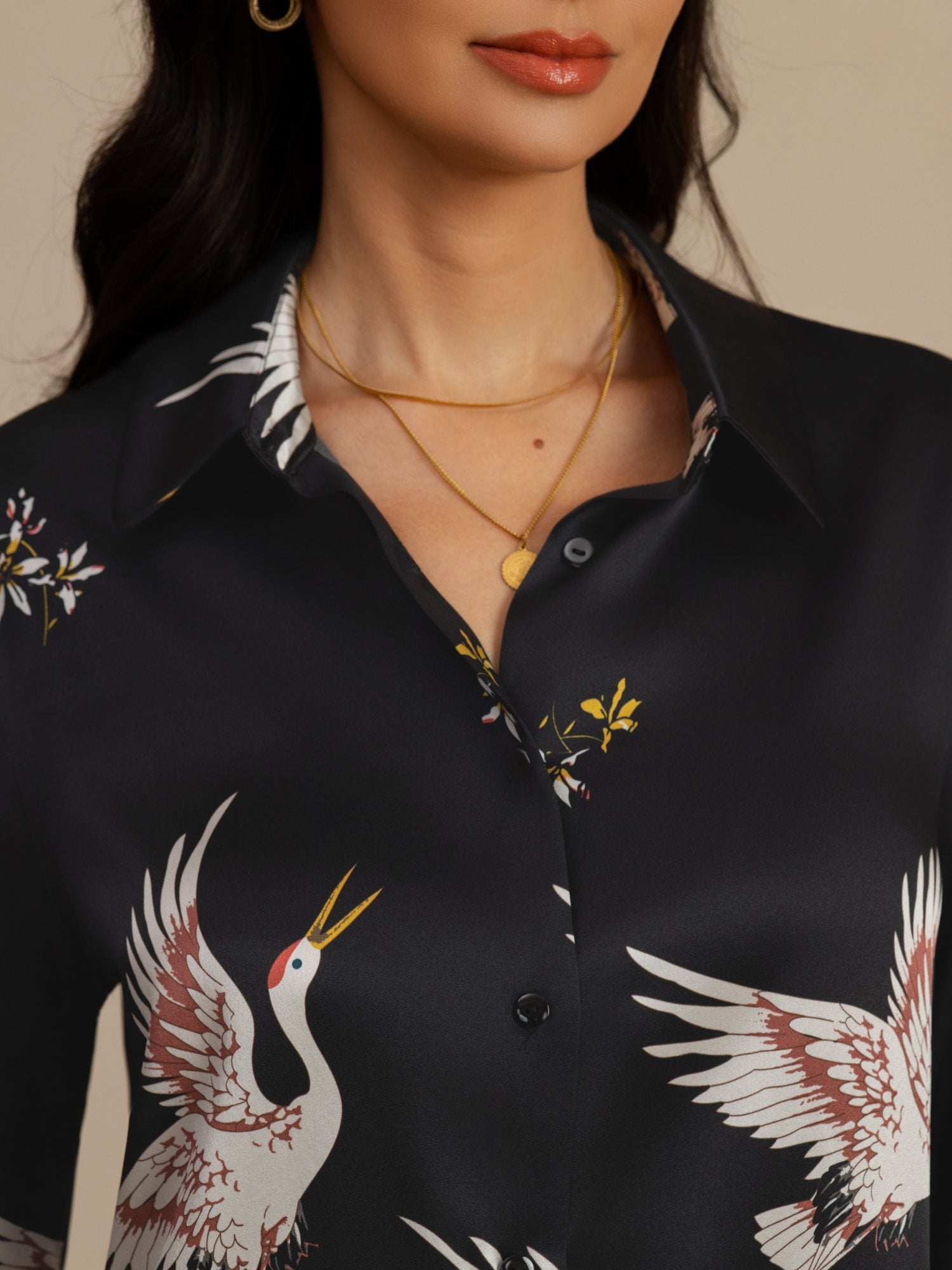 [Black] SilkSilky  19Momme Long Sleeve Lapel Collar Women's Shirt 007