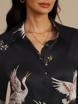 [Black] SilkSilky  19Momme Long Sleeve Lapel Collar Women's Shirt 007