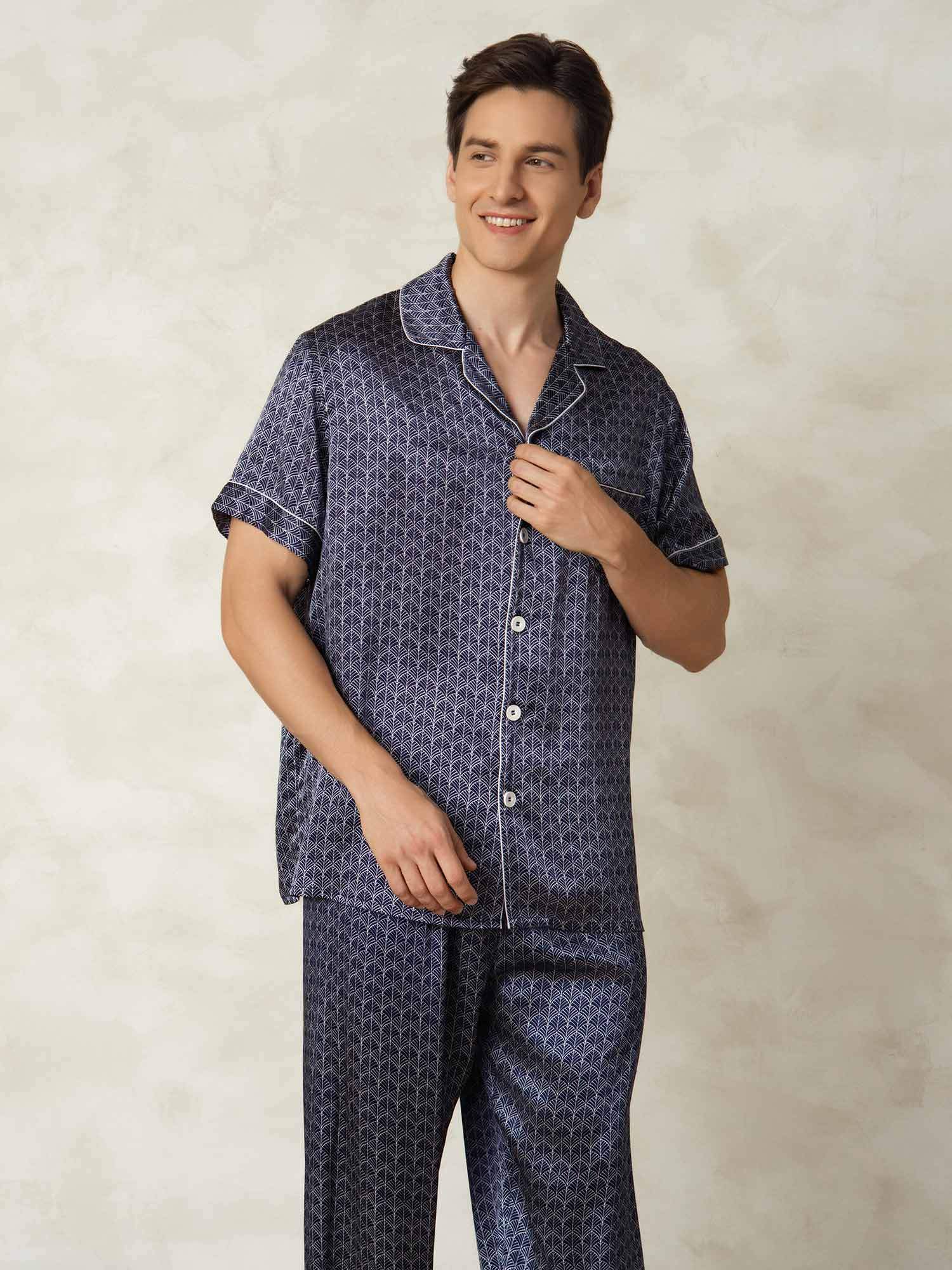 [NavyGinkgo] SilkSilky Pure Silk Lapel Collar Men's Pajamas 003