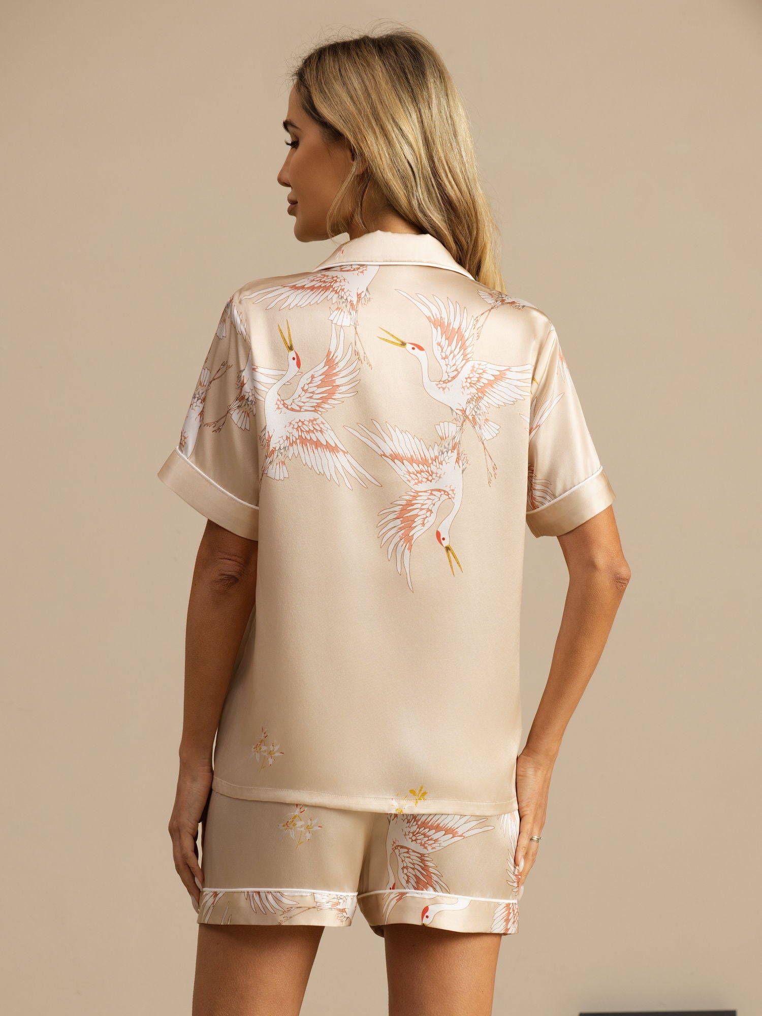 [Champagne] SilkSilky  19Momme Short Sleeve Notch Collar Women's Pajamas 002