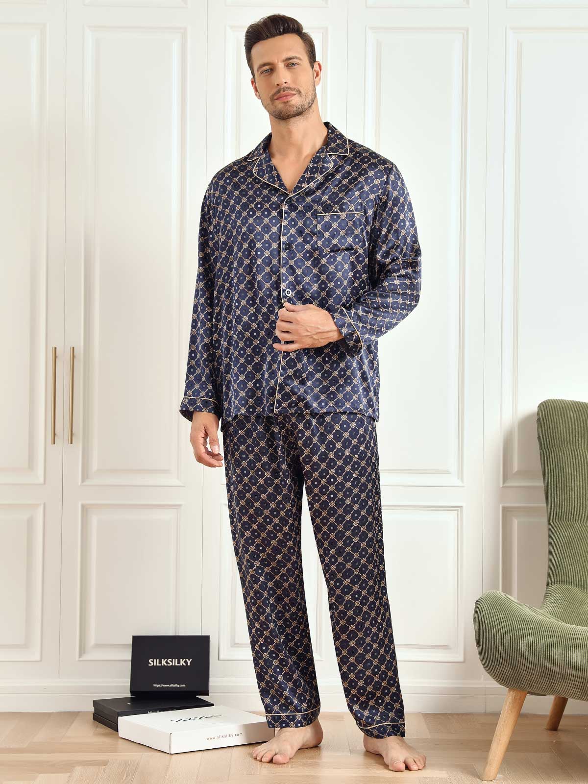 SilkSilky US 19Momme Pure Silk Long Sleeve Lapel Men's Pajamas DarkBlue 004