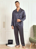 SilkSilky US 19Momme Pure Silk Long Sleeve Lapel Men's Pajamas DarkBlue 004