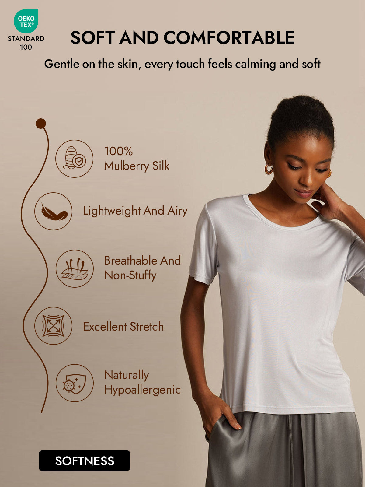 [Silver] SilkSilky  Silk Knitted Short Sleeve Round Neck Women's T-Shirt 004