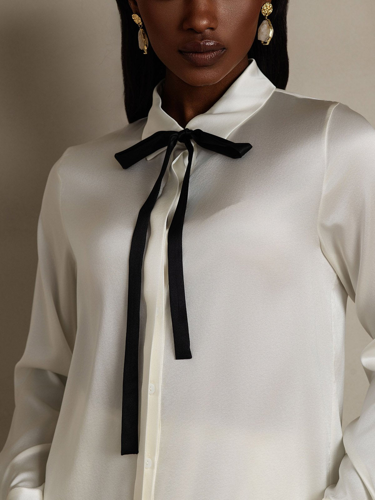 SilkSilky 19Momme Silk Blend Long Sleeve Tie Neck Women's Shirt White 008