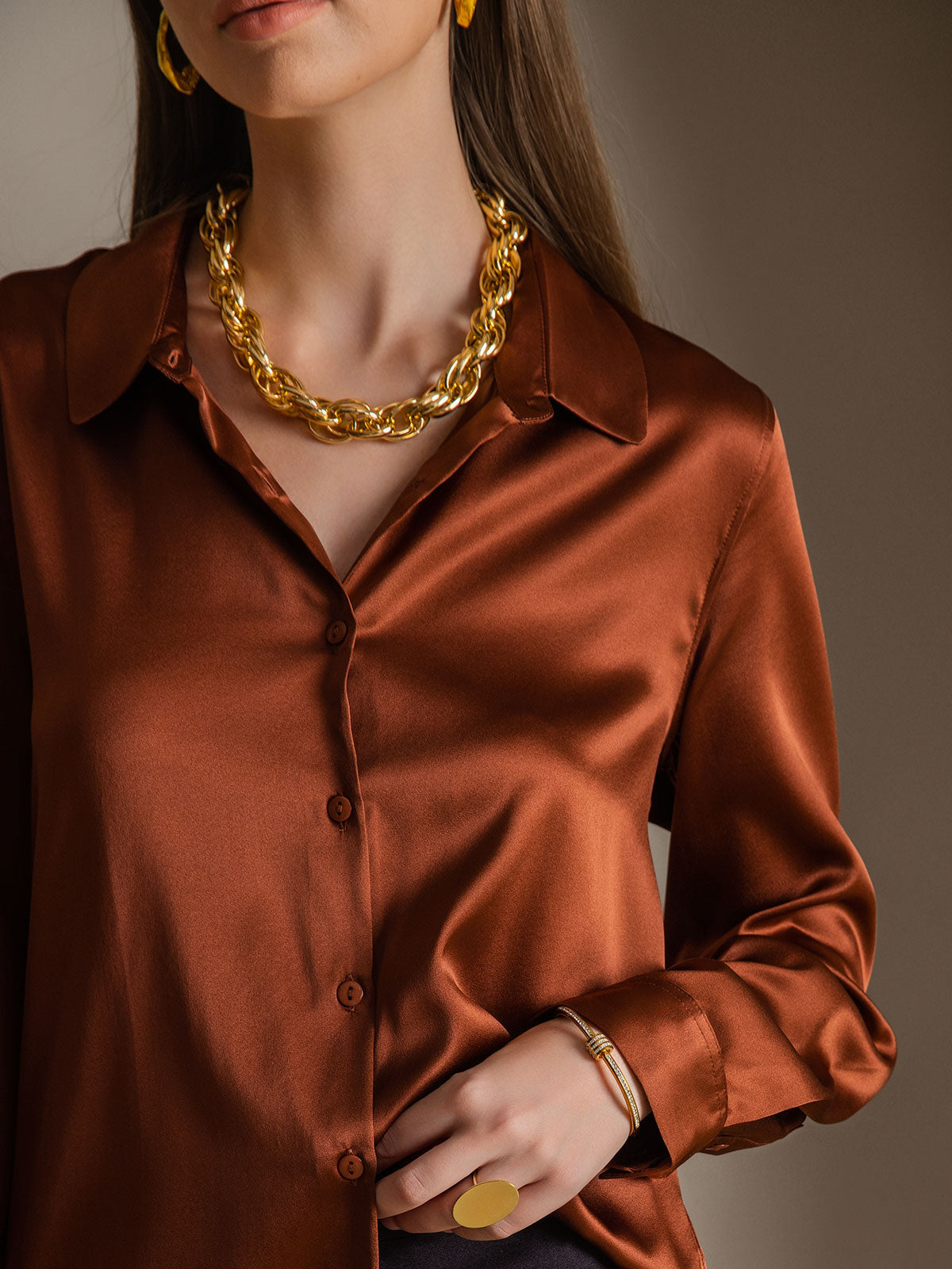 [Caramel] SilkSilky  Silk Long Sleeve Lapel Collar Women's Shirt 006