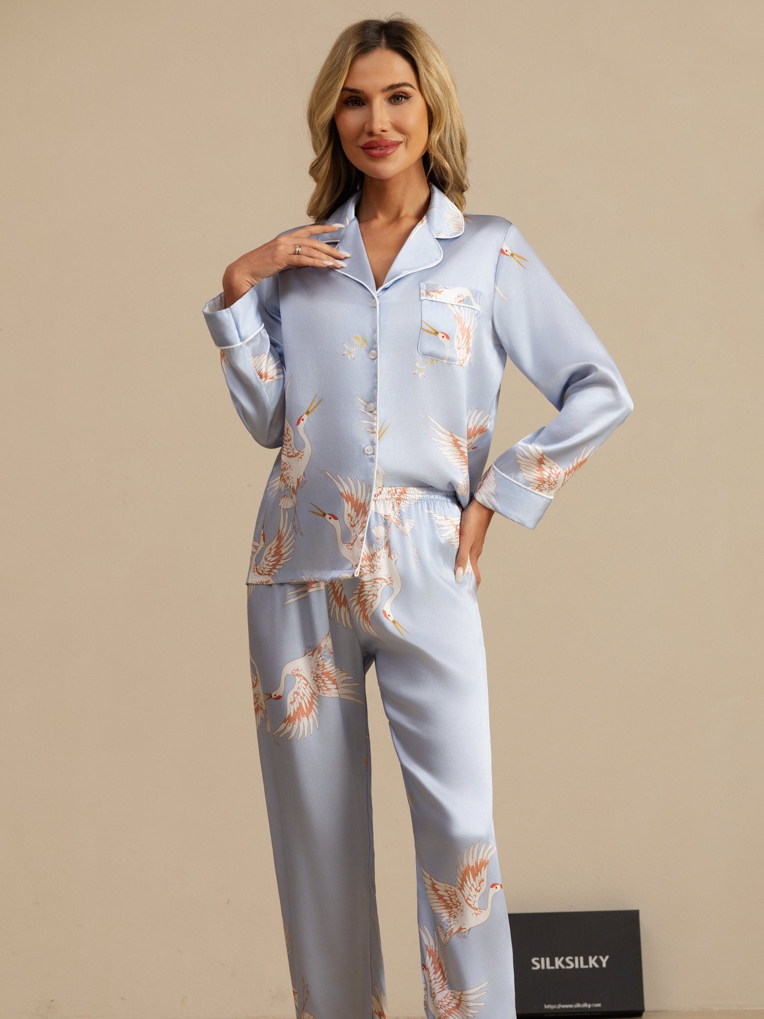 [Light Blue] SilkSilky  19Momme Long Sleeve Notch Collar Women's Pajamas 006