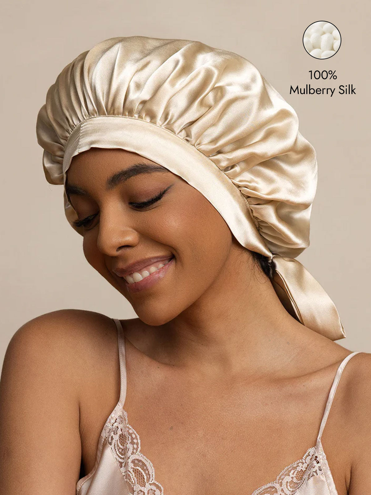[Beige] SilkSilky  Pure Silk Sleep Cap 001