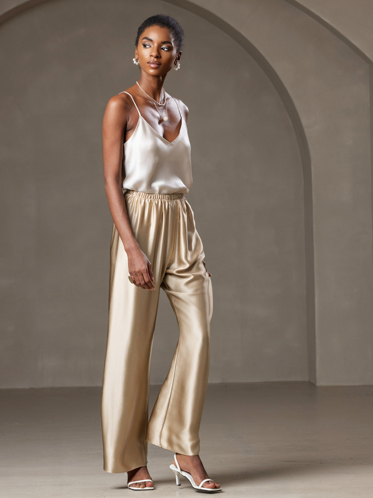 [Beige] SilkSilky  Pure Silk V Neck Camisole Top 006