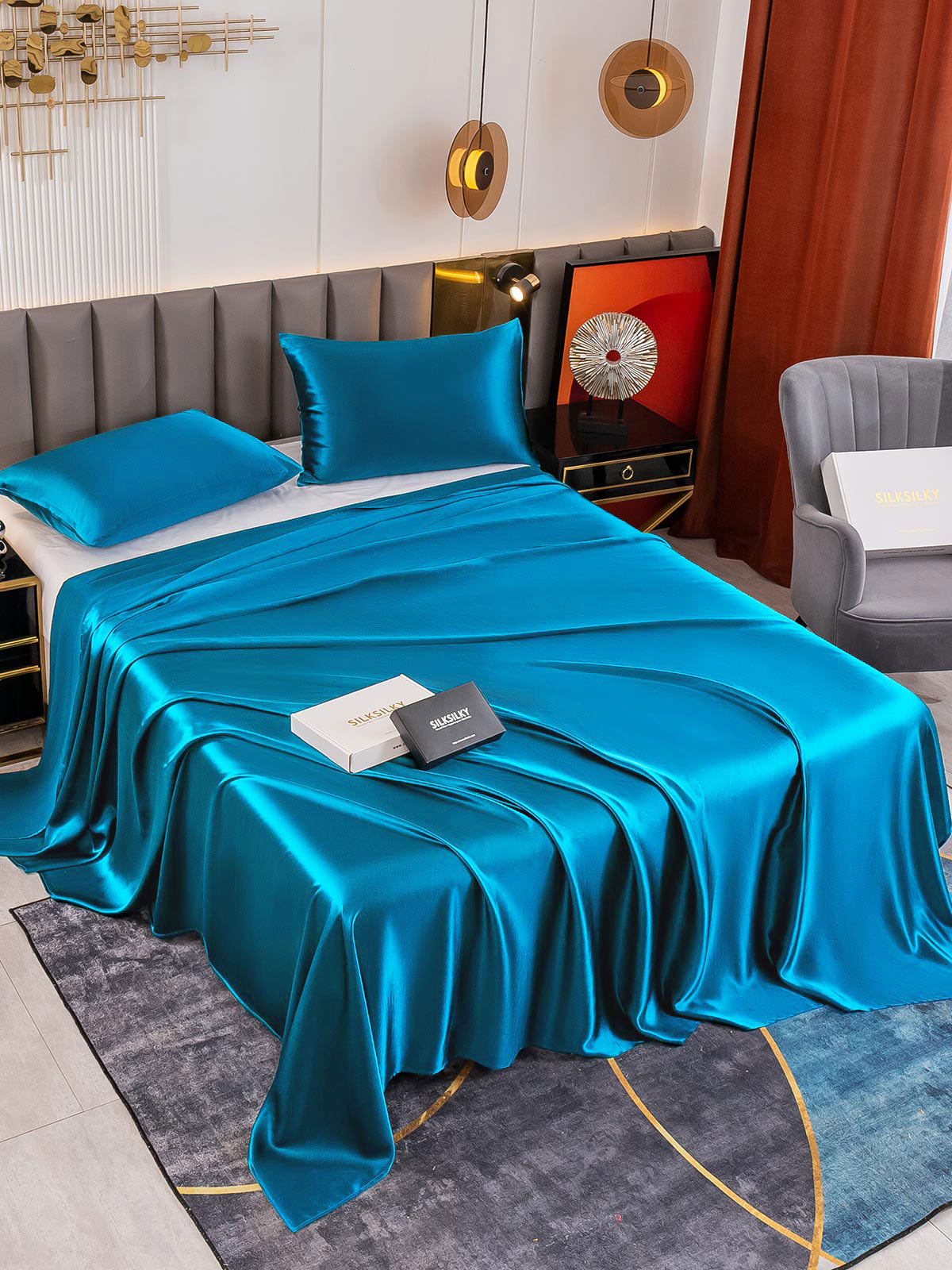 SilkSilky US 19Momme Pure Silk Bedding Set Teal 001