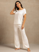 [White] SilkSilky  19Momme Machine-Washable Silk Short Sleeve Women's Pajamas 006