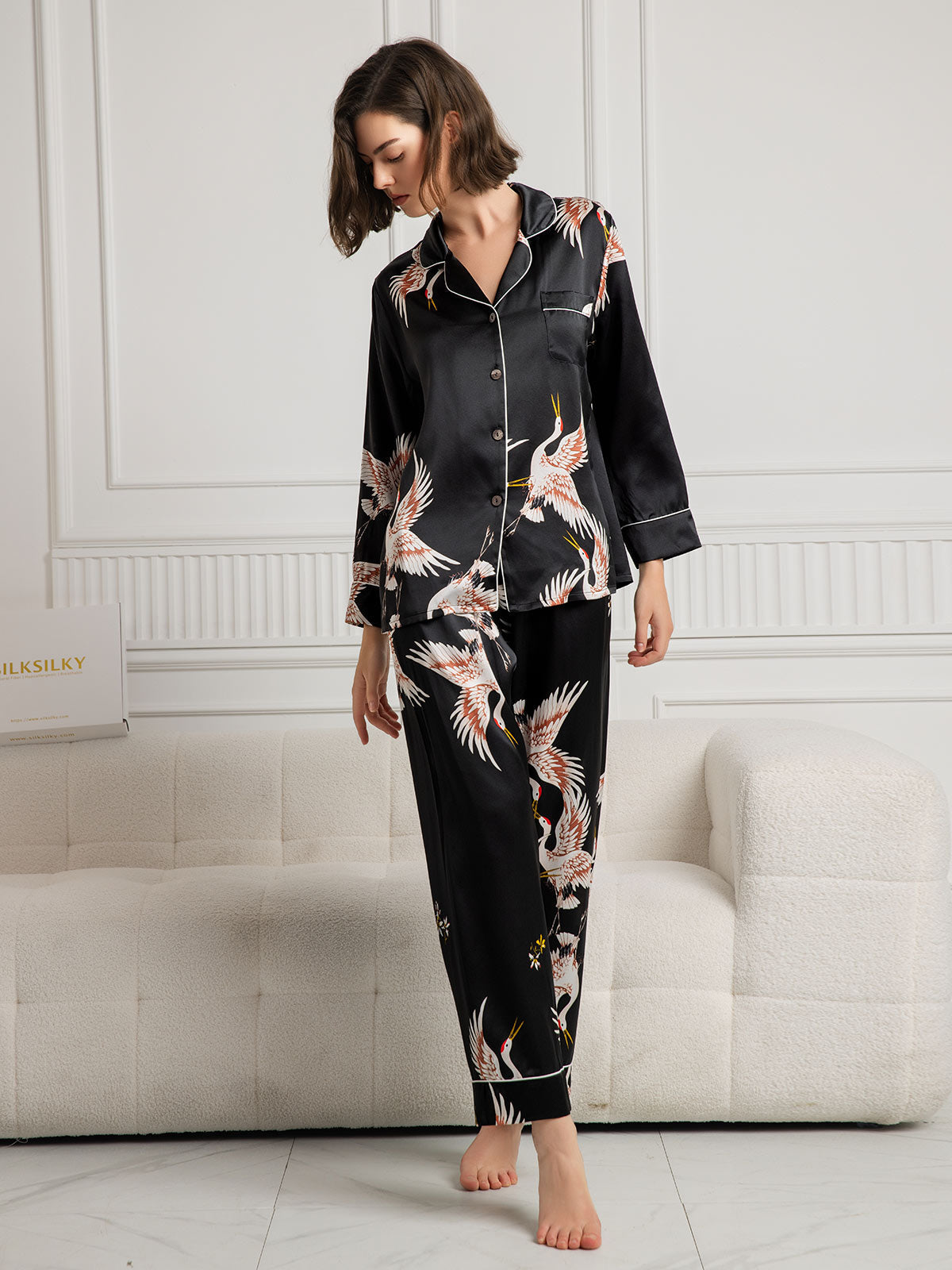 [Black] SilkSilky  19Momme Pure Silk Womens Pajamas 004