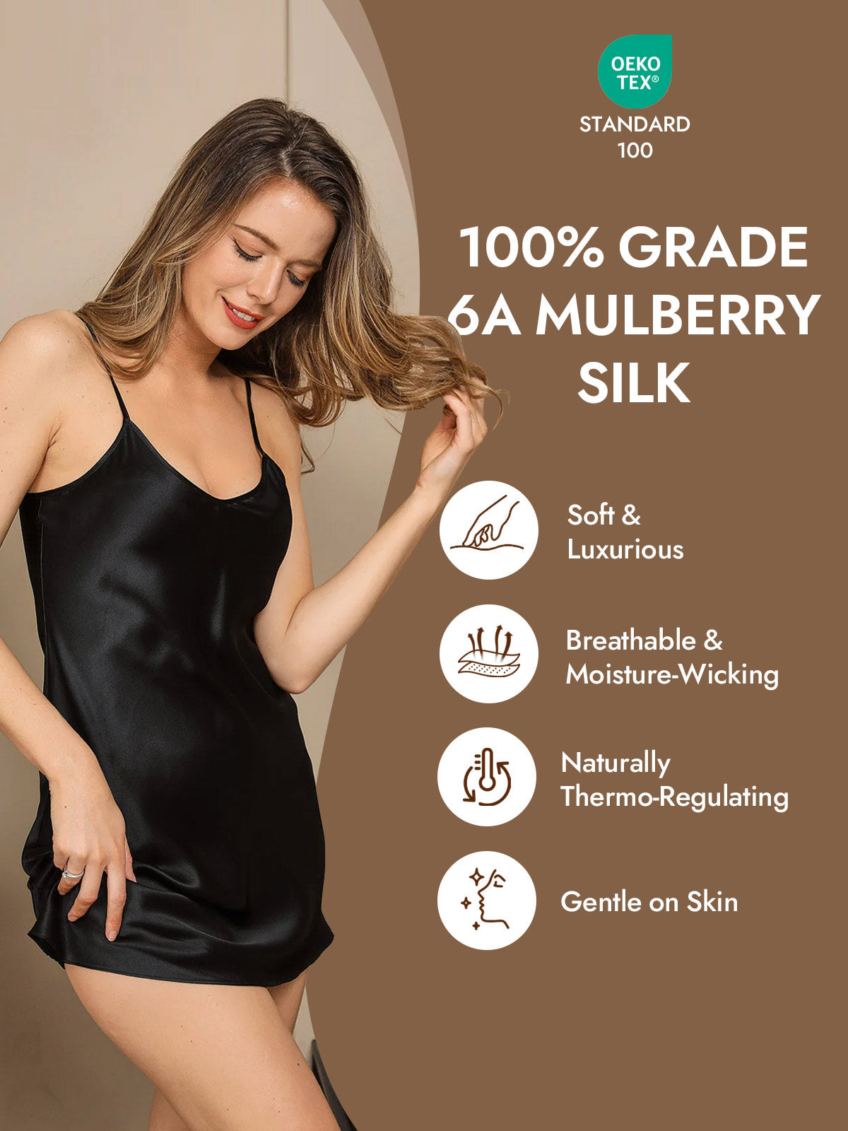 [Black] SilkSilky  Pure Silk V Neck Nightgown 004