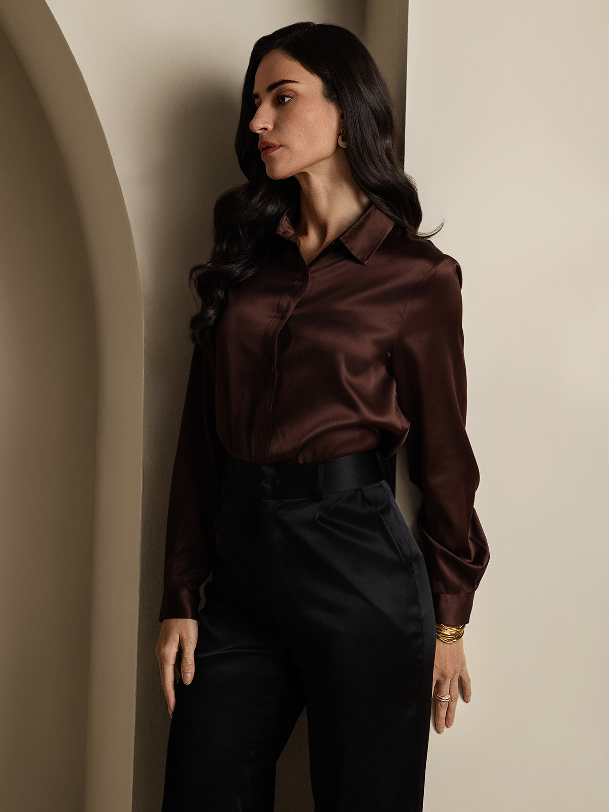 SilkSilky  19Momme Silk Long Sleeve Collar Women's Shirt Coffee 009