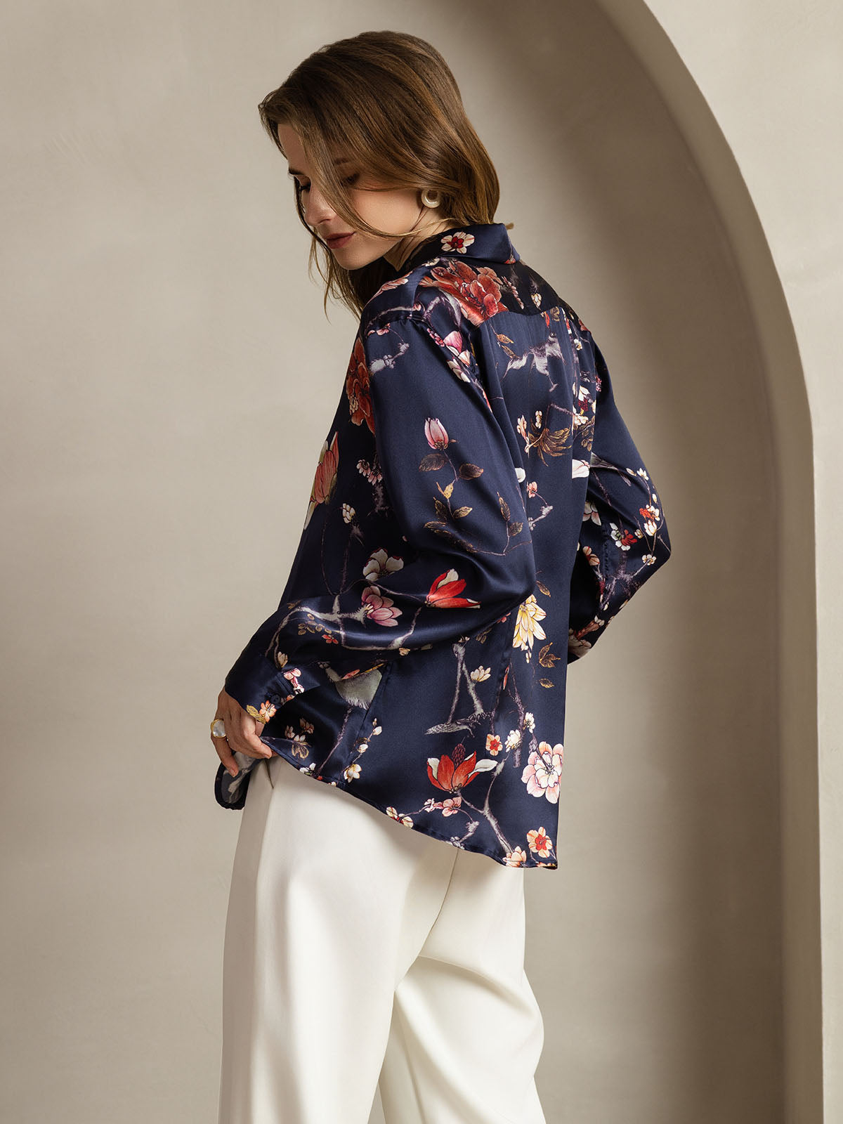 [Navy Floral] SilkSilky  Silk Lapel Collar Women's Shirt 002