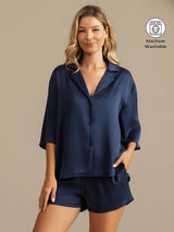 [Dark Blue] SilkSilky  19Momme Machine-Washable Silk Half Sleeve Notch Collar Women's Pajamas 001